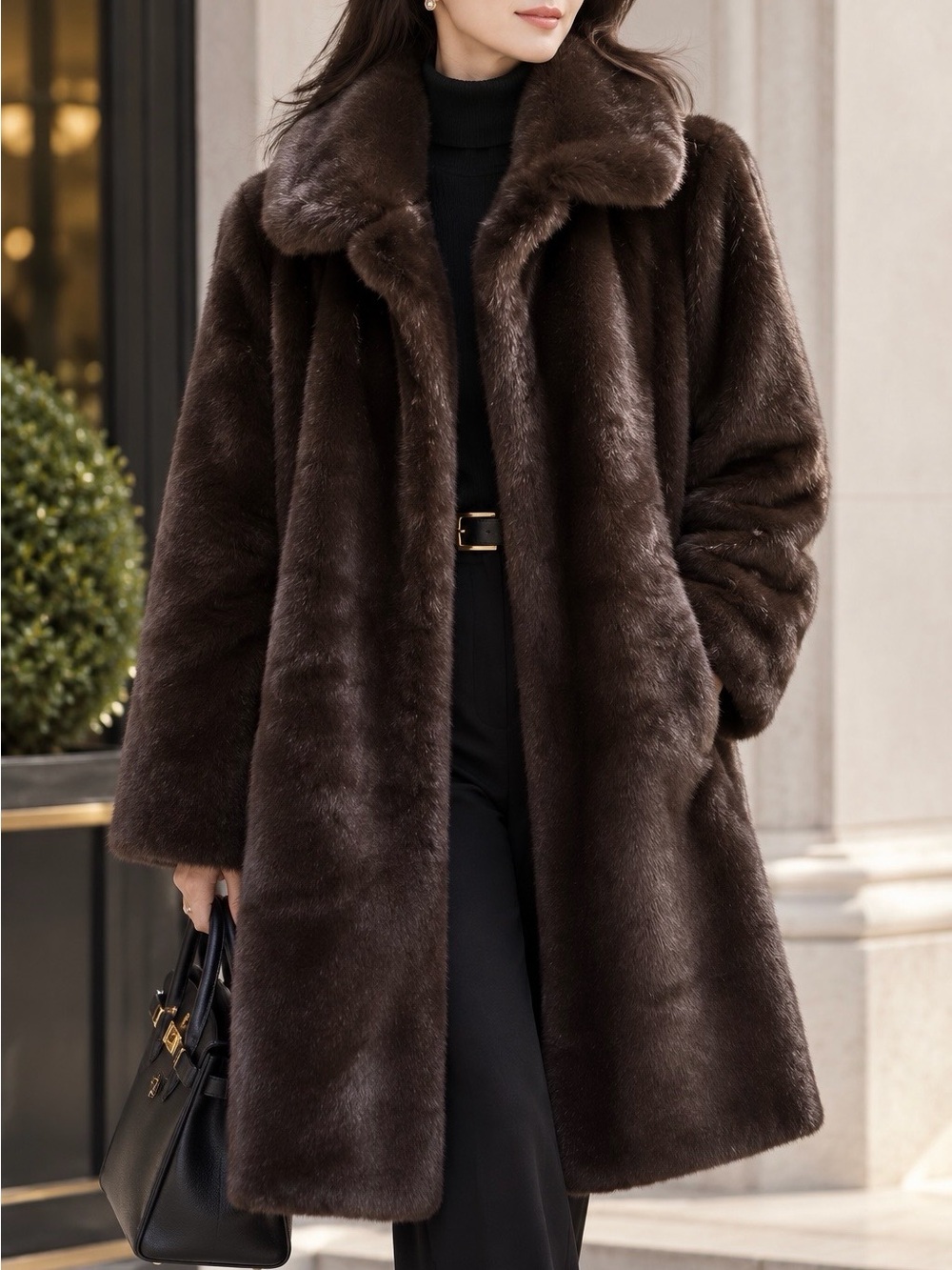 Neiman Marcus Women's Dark Brown full length luxurious Faux Fur Coat with gloves